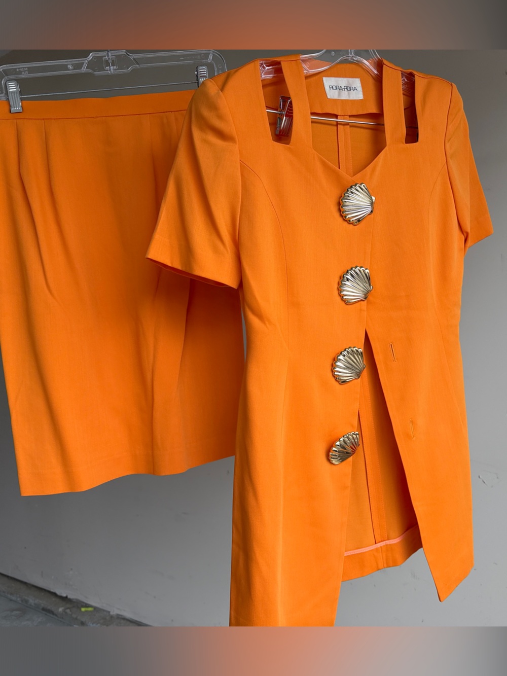 Vintage 80’s Bright Orange Shell-Button Blazer Skirt Set